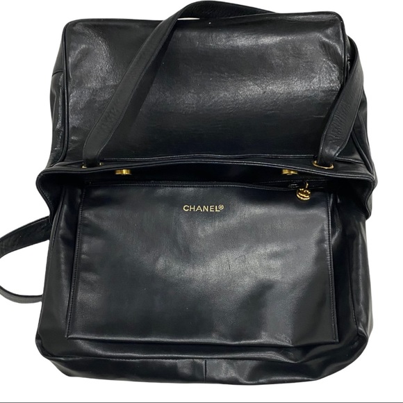 CHANEL Vintage XL Studded CC Monogram Logo Black Lambskin Leather Shoulder Bag - Picture 13 of 16